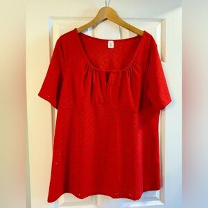 Red Ruched Eyelet Blouse with Short Sleeves, 3X, NWOT